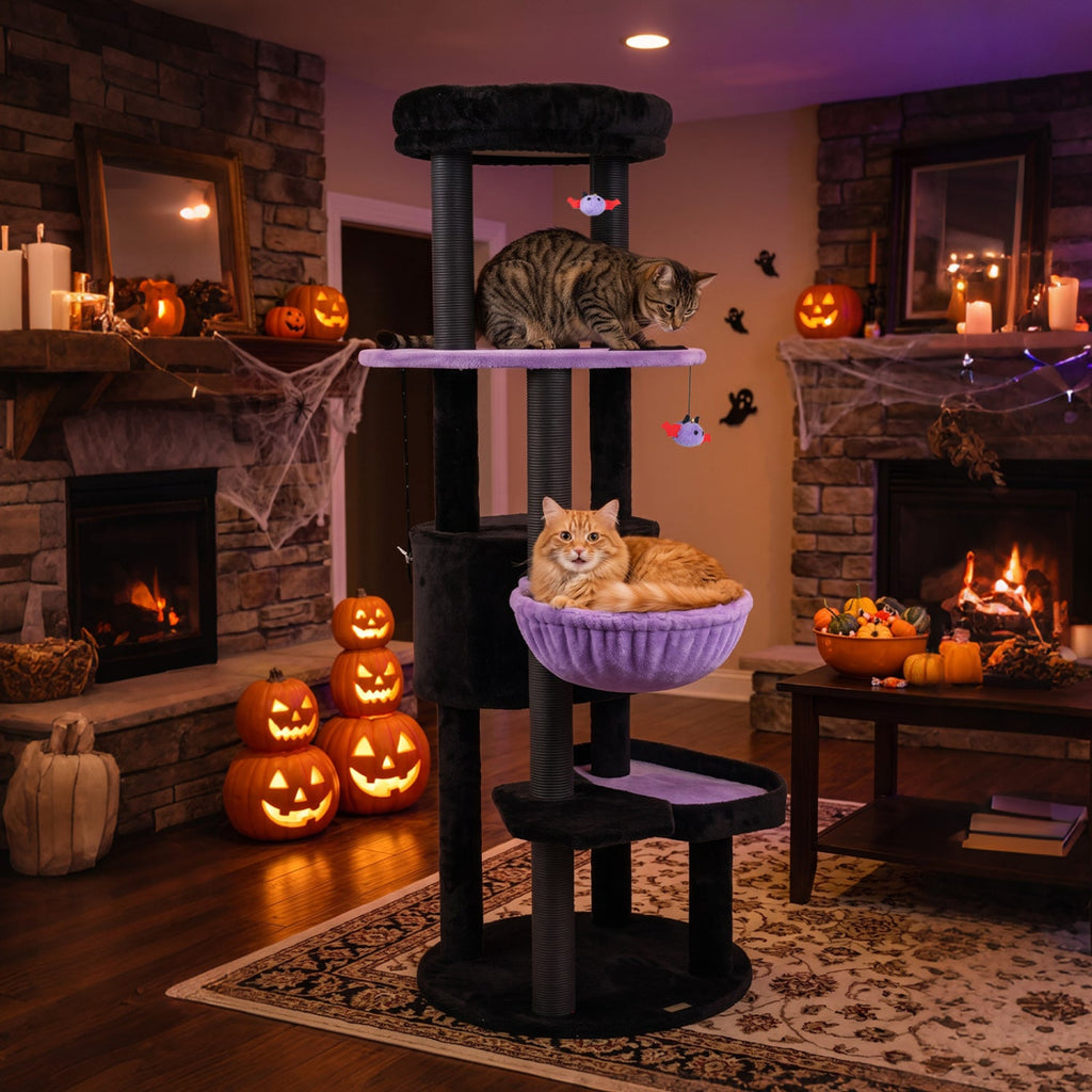 60" Gothic Halloween Cat Tower with Coffin Bed & Spider Toys
