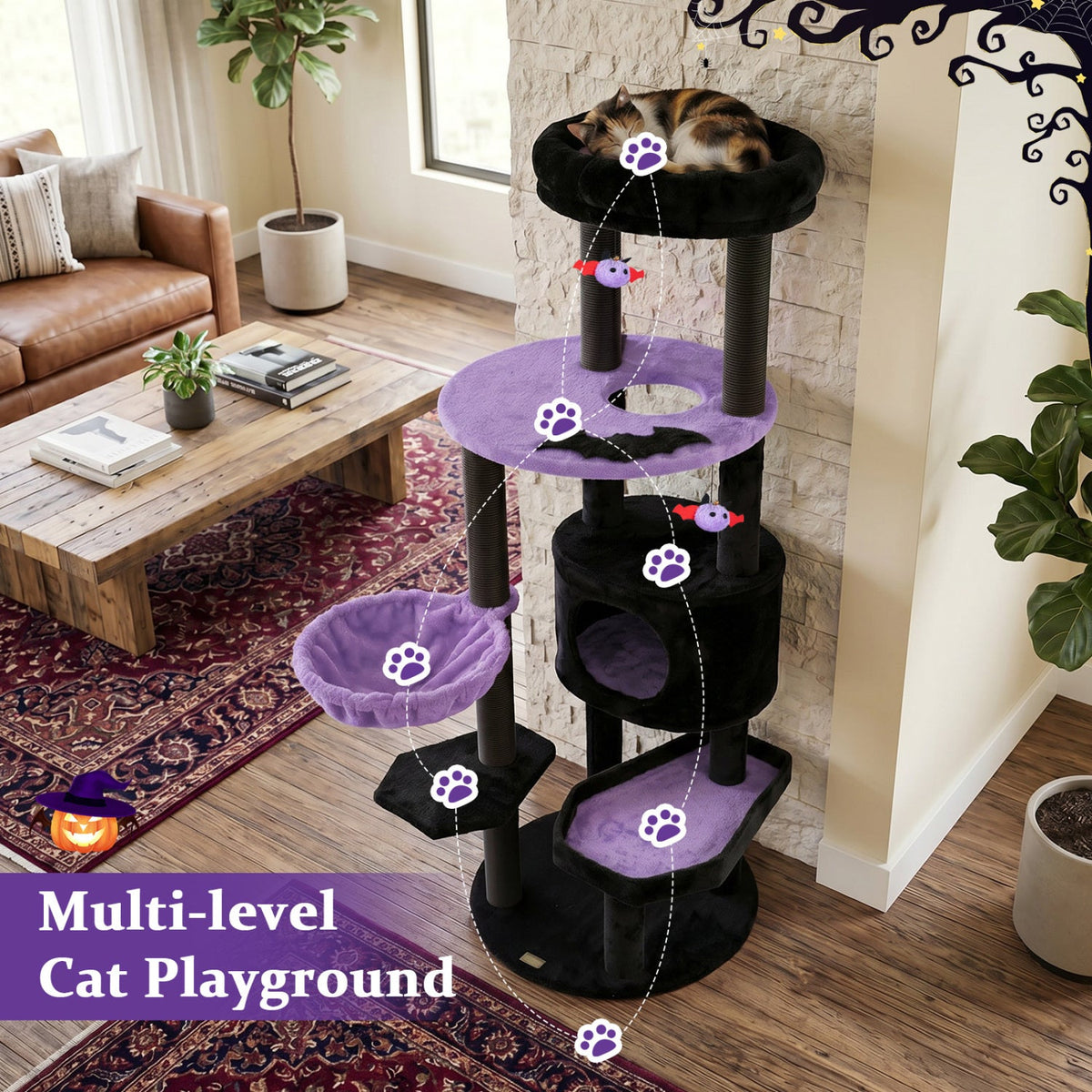 60" Gothic Halloween Cat Tower with Coffin Bed & Spider Toys