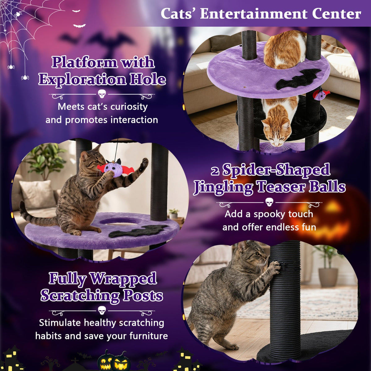 60" Gothic Halloween Cat Tower with Coffin Bed & Spider Toys