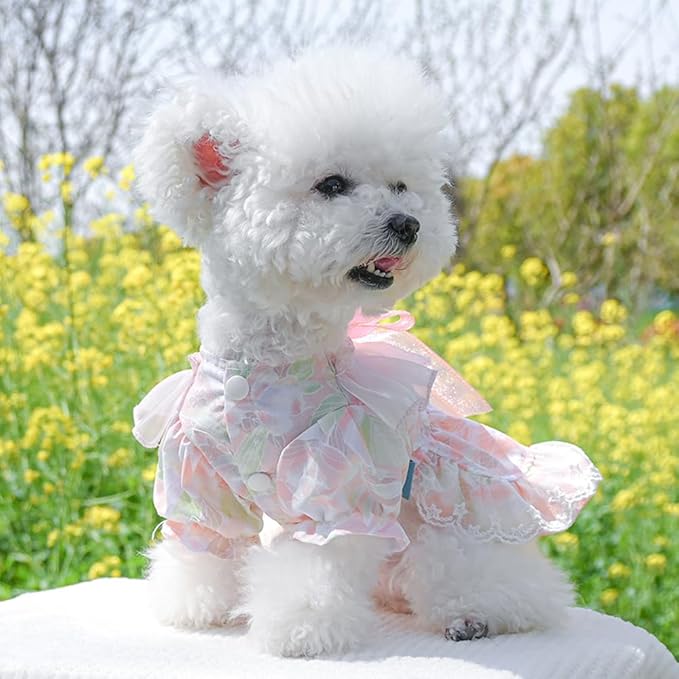 Princess Pink Dog & Cat Dress | Bubble Sleeves, Bow Detail & Built-In Leash Ring