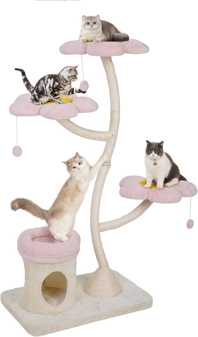 The Floral Cat Tree — 57" Pink Aesthetic Cat Tower with Steel Frame & 5 Levels (Large Cats)