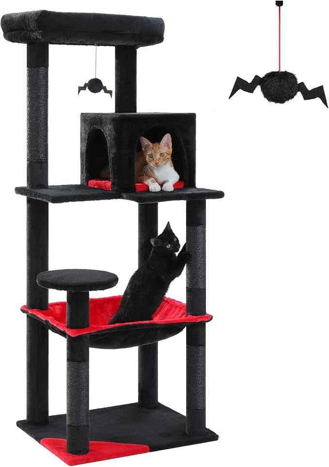 PETEPELA Gothic Black Cat Tree — 56" Tall Tower with Super Large Hammock, Condo & Sisal Posts (Halloween & Dark Decor)