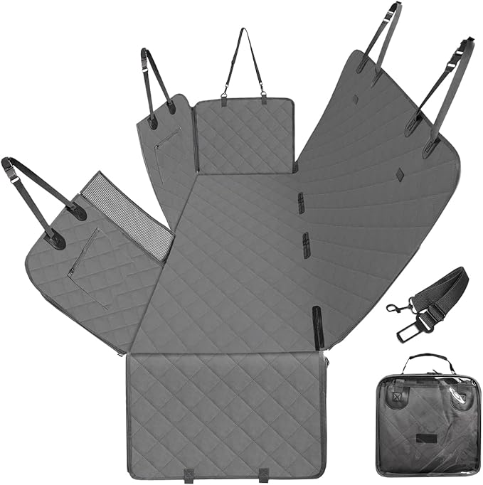 Luxury 3-in-1 Dog Car Seat Cover – Waterproof Hammock, Bench & Trunk Mat (Grey)