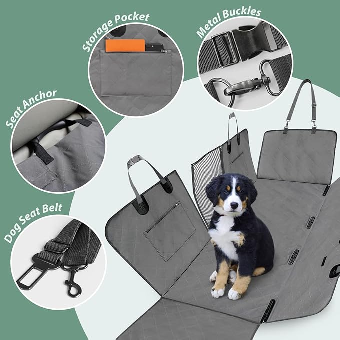 Luxury 3-in-1 Dog Car Seat Cover – Waterproof Hammock, Bench & Trunk Mat (Grey)
