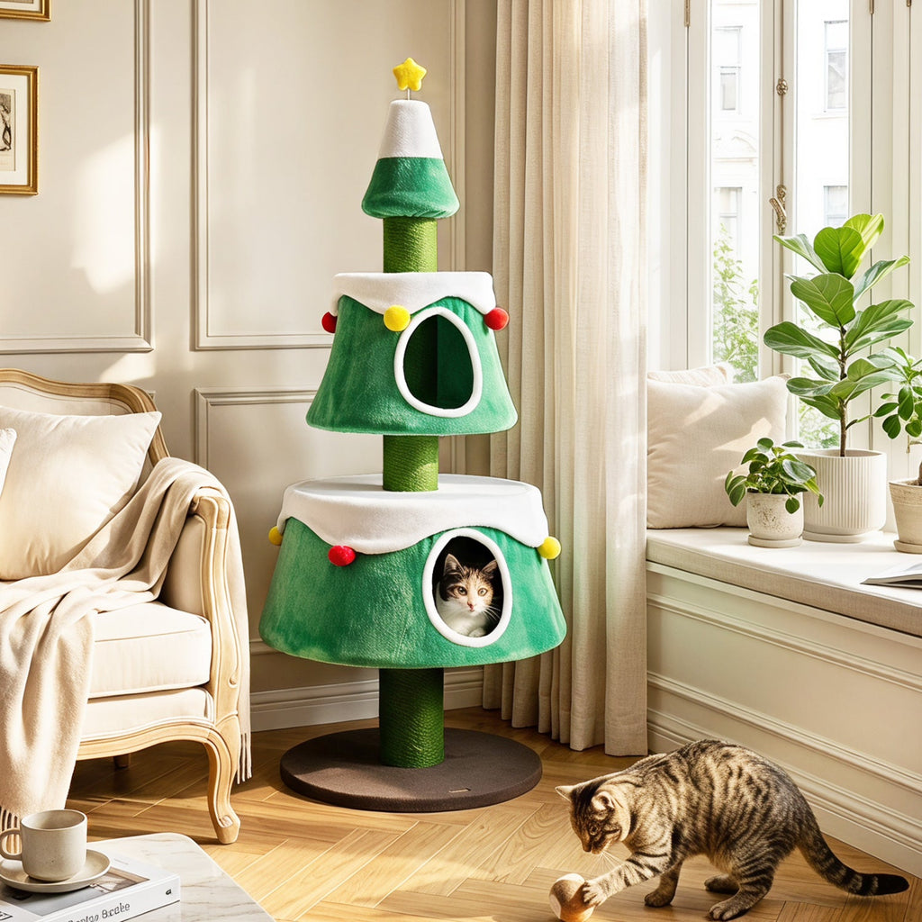 Christmas Tree Cat Tower | 61.5" | 2 Cozy Condos & Scratching Posts