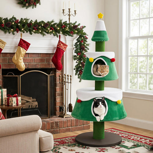 Christmas Tree Cat Tower | 61.5" | 2 Cozy Condos & Scratching Posts