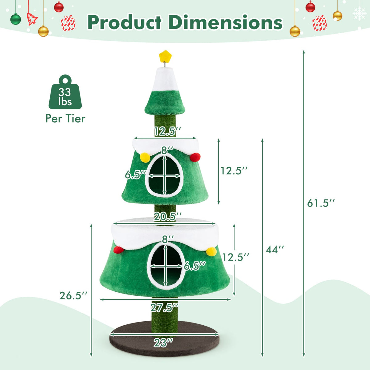 Christmas Tree Cat Tower | 61.5" | 2 Cozy Condos & Scratching Posts