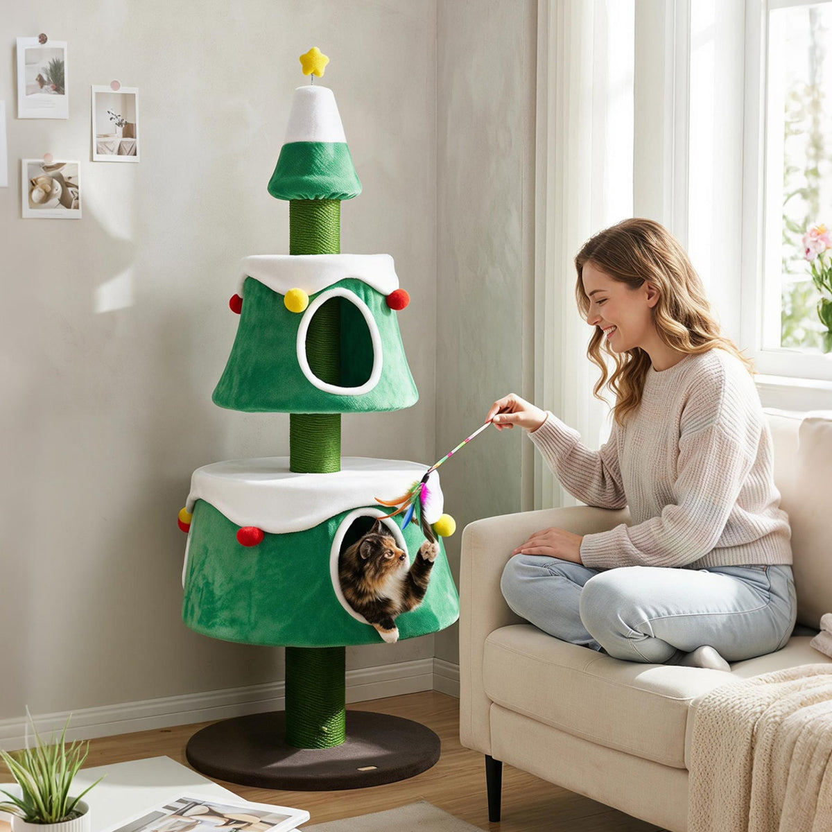Christmas Tree Cat Tower | 61.5" | 2 Cozy Condos & Scratching Posts