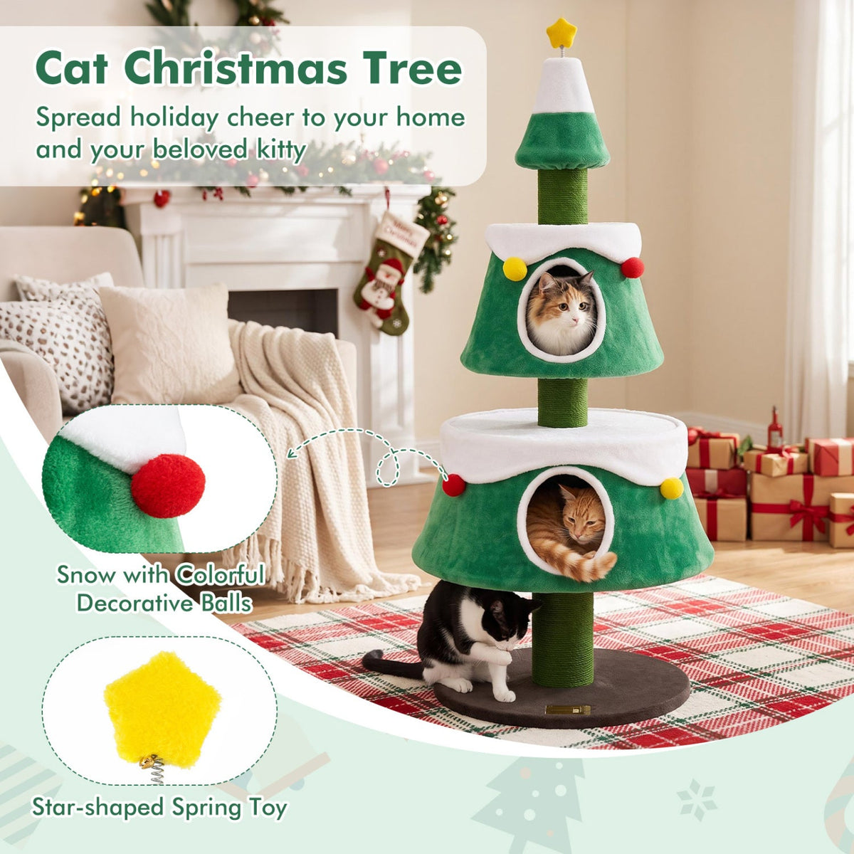 Christmas Tree Cat Tower | 61.5" | 2 Cozy Condos & Scratching Posts