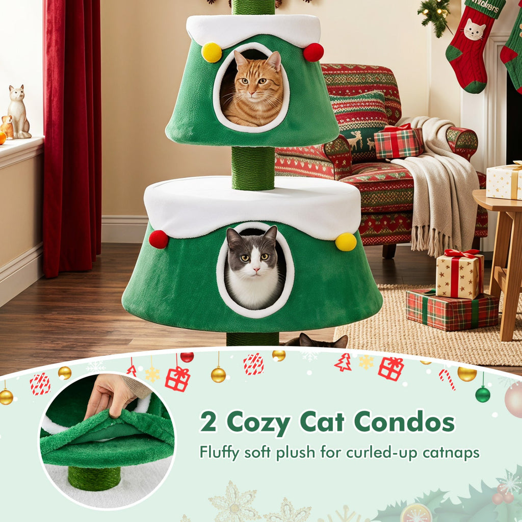 Christmas Tree Cat Tower | 61.5" | 2 Cozy Condos & Scratching Posts