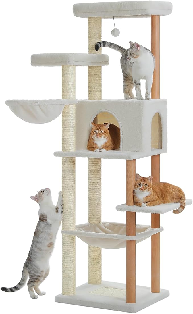 PAWZ Road 73" Large Cat Tree — Wooden Tower with Hammocks, Perches & Sisal Scratching Posts for Indoor Cats