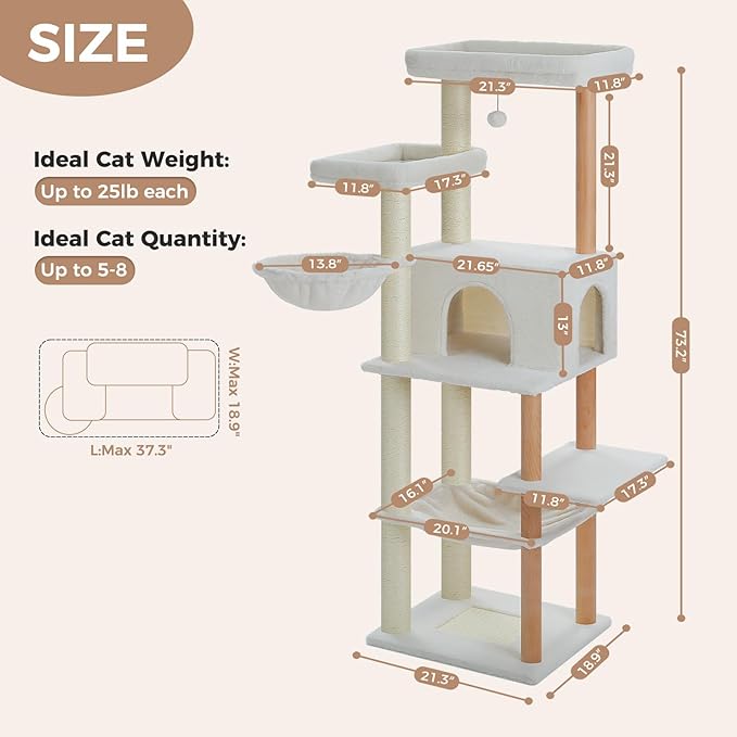 PAWZ Road 73" Large Cat Tree — Wooden Tower with Hammocks, Perches & Sisal Scratching Posts for Indoor Cats