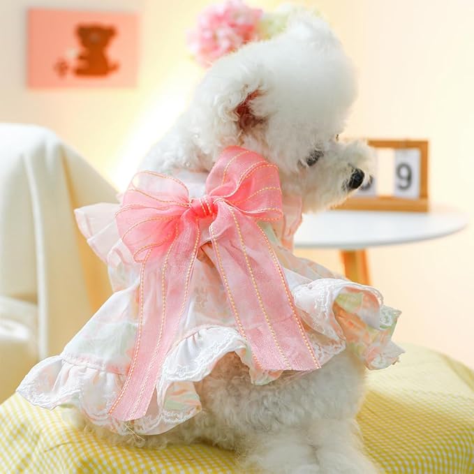 Princess Pink Dog & Cat Dress | Bubble Sleeves, Bow Detail & Built-In Leash Ring