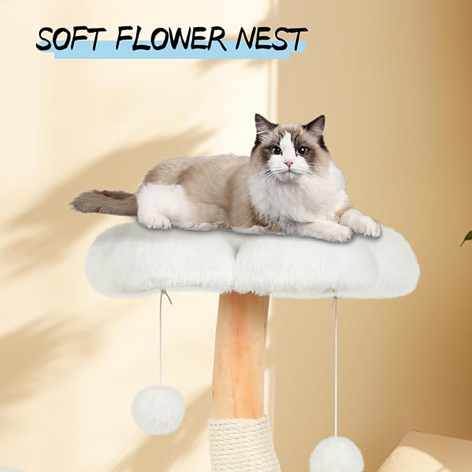 Sculptural Wood Flower Cat Tree — 40" Luxury Cat Tower with Solid Wood Blooms, Condo & Sisal Posts (Alpine White)