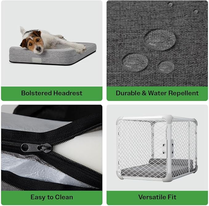 Diggs Bolstr Orthopedic Dog Crate Bed | Memory Foam + Bolster Headrest | Machine Washable | Small