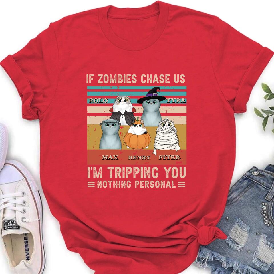Personalized Pet Halloween Shirt | "If Zombies Chase Us, I'm Tripping You" | Up to 5 Pets | T-Shirt, Hoodie, Sweatshirt & Long Sleeve