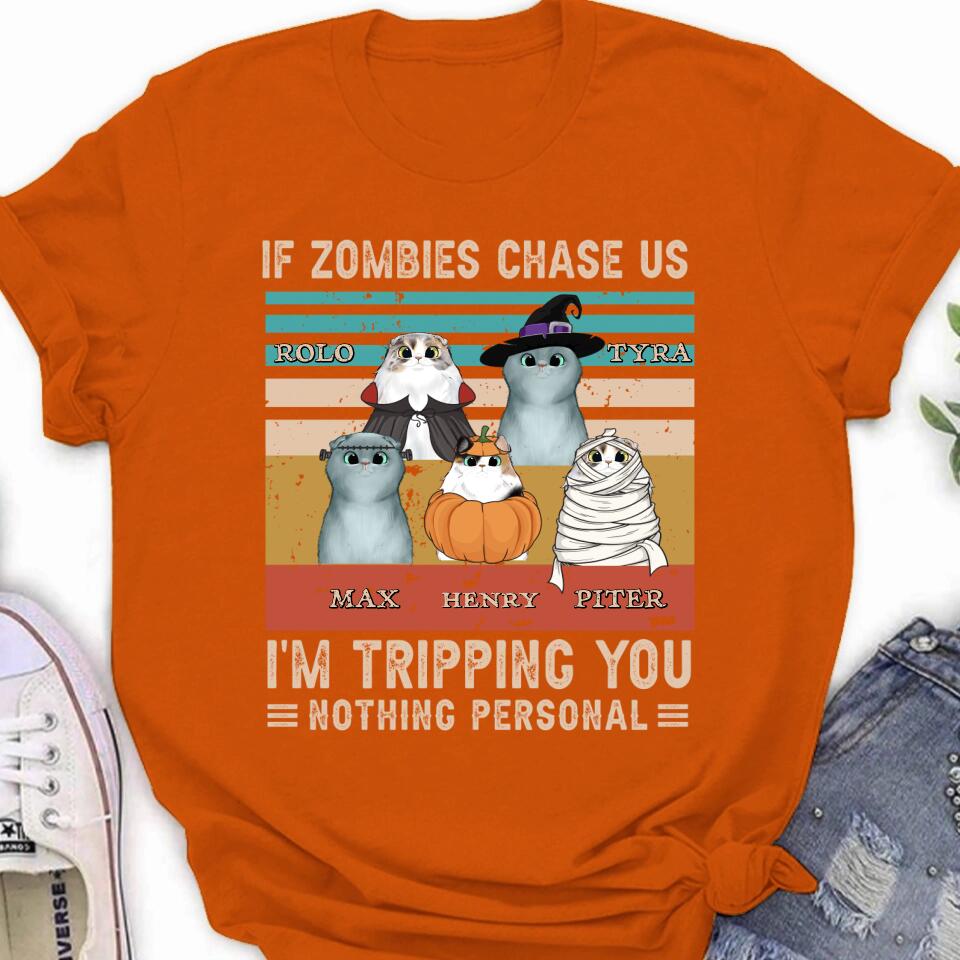 Personalized Pet Halloween Shirt | "If Zombies Chase Us, I'm Tripping You" | Up to 5 Pets | T-Shirt, Hoodie, Sweatshirt & Long Sleeve