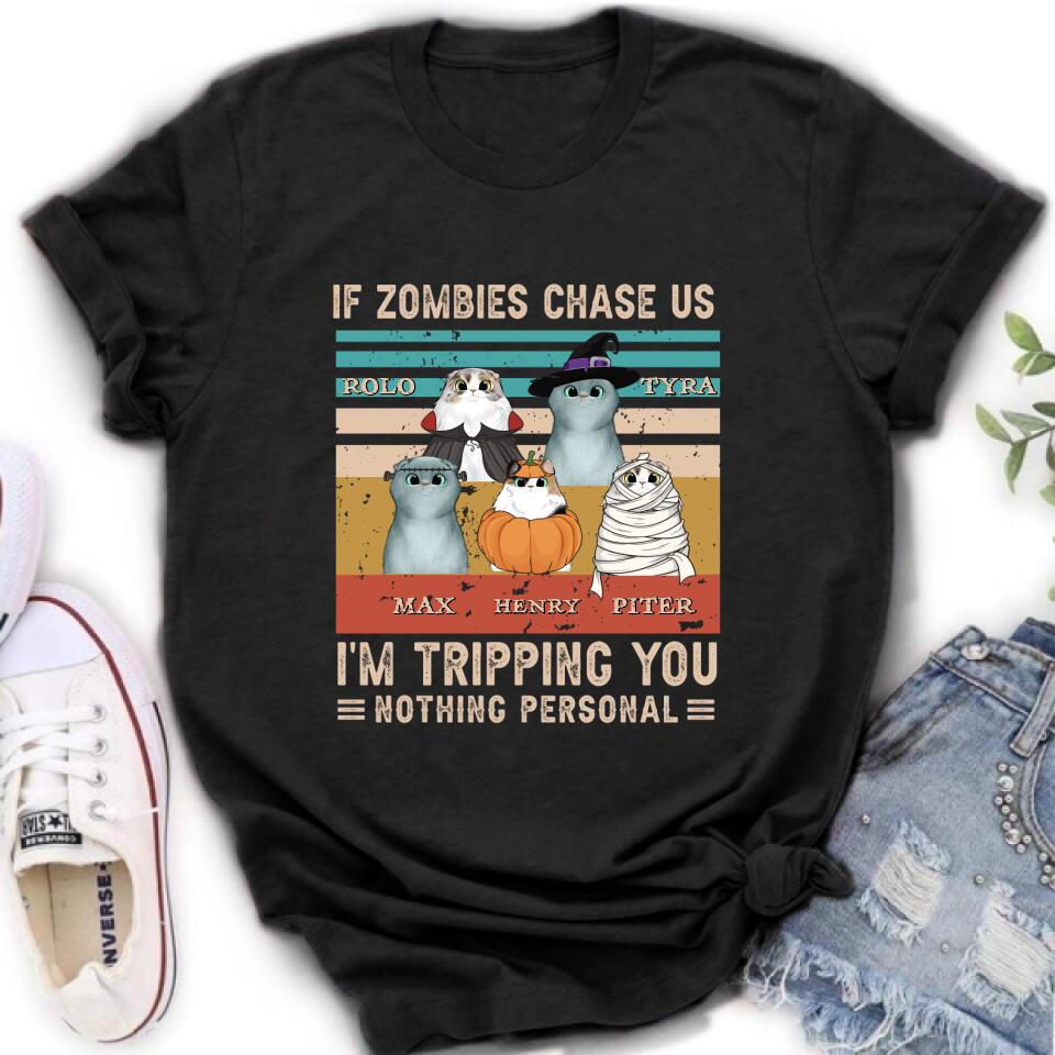Personalized Pet Halloween Shirt | "If Zombies Chase Us, I'm Tripping You" | Up to 5 Pets | T-Shirt, Hoodie, Sweatshirt & Long Sleeve