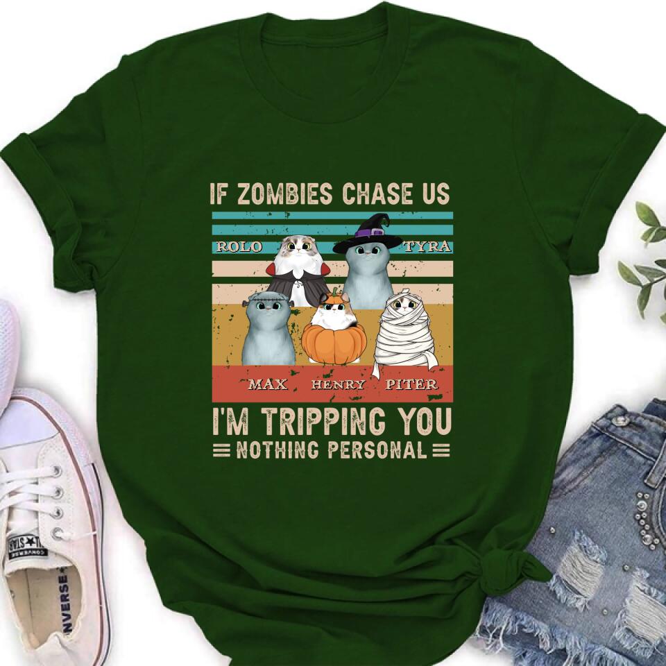 Personalized Pet Halloween Shirt | "If Zombies Chase Us, I'm Tripping You" | Up to 5 Pets | T-Shirt, Hoodie, Sweatshirt & Long Sleeve