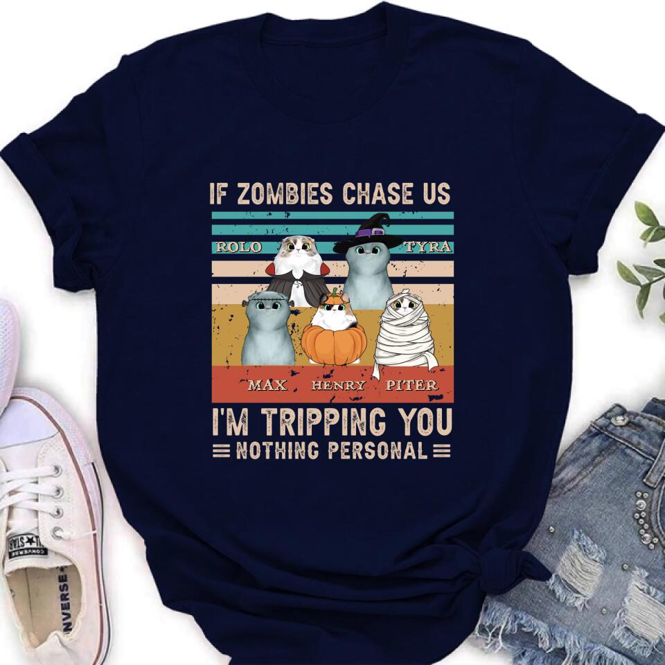 Personalized Pet Halloween Shirt | "If Zombies Chase Us, I'm Tripping You" | Up to 5 Pets | T-Shirt, Hoodie, Sweatshirt & Long Sleeve