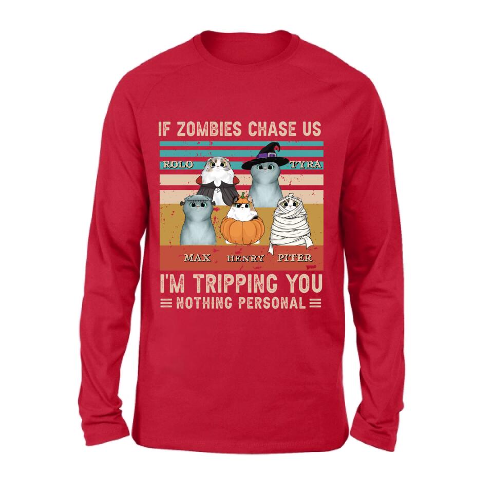 Personalized Pet Halloween Shirt | "If Zombies Chase Us, I'm Tripping You" | Up to 5 Pets | T-Shirt, Hoodie, Sweatshirt & Long Sleeve