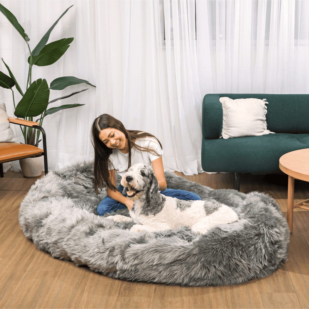 PupCloud™ Human-Size Faux Fur Memory Foam Dog Bed — Charcoal Grey