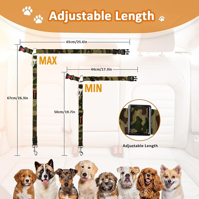 3-in-1 Dog Car Seat Belt Harness – Reflective Bungee Leash & Headrest Tether (2-Pack, Camouflage)