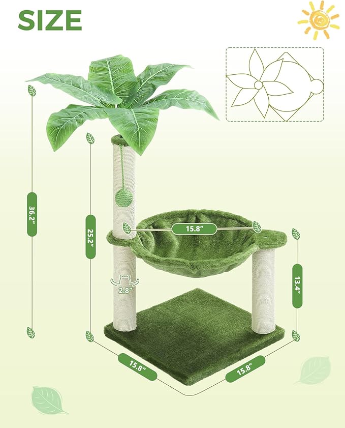 Small Cat Tree — 28" Boho Cat Tower with Coconut Leaves, Hammock, Sisal Posts & Dangling Ball (Green)