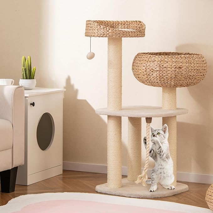 Tangkula Modern Cat Tree — Handmade Wicker Condo, Sisal Posts, Top Perch & Hanging Toy (41")
