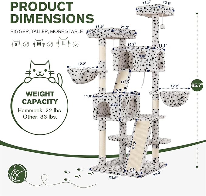 MUTICOR 66" Multi-Level Cat Tree — Plush Perches, Condo, Hammock & Sisal Posts for Large Indoor Cats (White & Black)