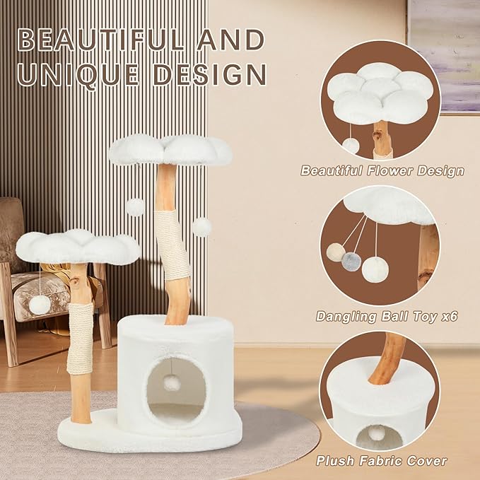 Sculptural Wood Flower Cat Tree — 40" Luxury Cat Tower with Solid Wood Blooms, Condo & Sisal Posts (Alpine White)