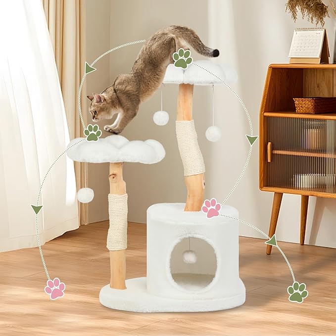 Sculptural Wood Flower Cat Tree — 40" Luxury Cat Tower with Solid Wood Blooms, Condo & Sisal Posts (Alpine White)