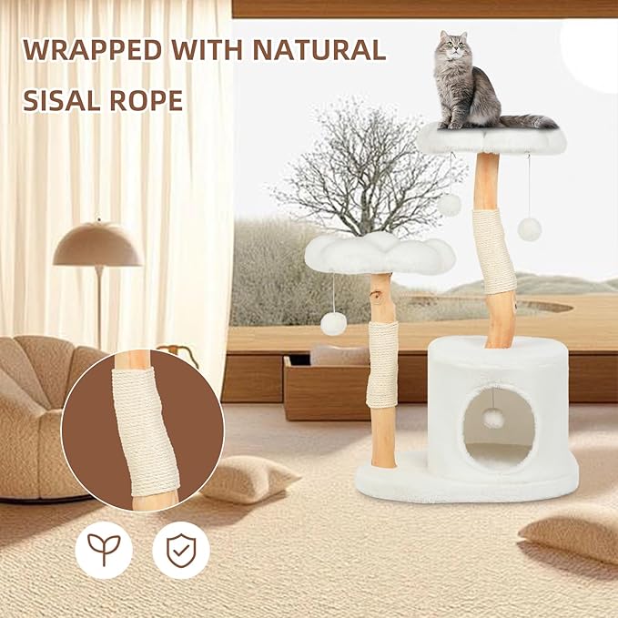 Sculptural Wood Flower Cat Tree — 40" Luxury Cat Tower with Solid Wood Blooms, Condo & Sisal Posts (Alpine White)