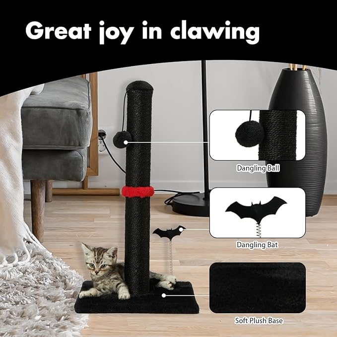 MECOOL Black Gothic Cat Scratching Post — Premium Sisal with Hanging Ball for Indoor Cats & Kittens (22")