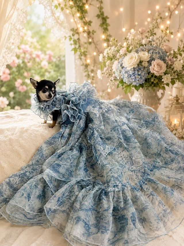 Blue Floral Pet Wedding Dress | Detachable Train | Sizes XS–XL + Custom