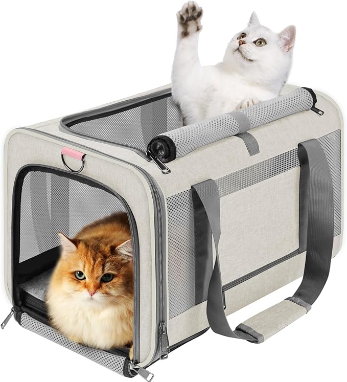 Soft-Sided Pet Travel Carrier | Up to 20 lbs | 5-Sided Mesh Ventilation | Beige