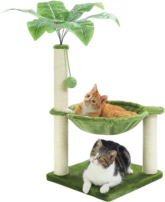 Small Cat Tree — 28" Boho Cat Tower with Coconut Leaves, Hammock, Sisal Posts & Dangling Ball (Green)
