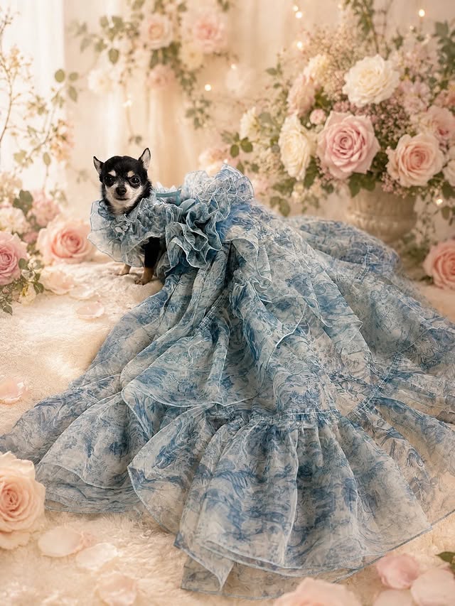 Blue Floral Pet Wedding Dress | Detachable Train | Sizes XS–XL + Custom