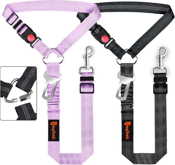 3-in-1 Dog Car Seat Belt Harness – Reflective Bungee Leash & Headrest Tether (2-Pack, Black & Purple)