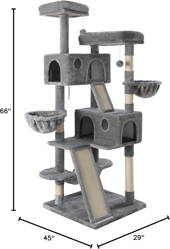 MUTICOR 66" Multi-Level Cat Tree — Plush Perches, Condo, Hammock & Sisal Posts for Large Indoor Cats (Grey)