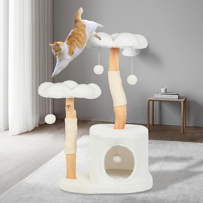 Sculptural Wood Flower Cat Tree — 40" Luxury Cat Tower with Solid Wood Blooms, Condo & Sisal Posts (Alpine White)
