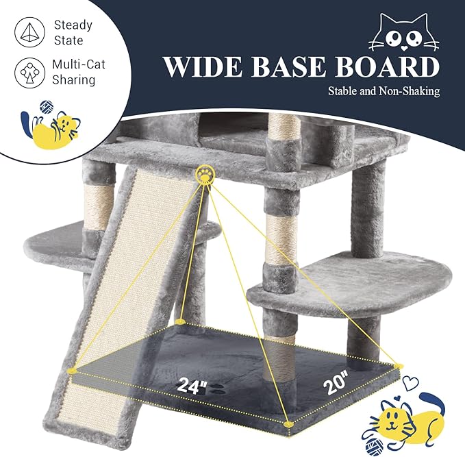 Allewie 68" Large Cat Tree — Multi-Level Climbing Tower with Condo, Sisal Posts & Plush Perches (Light Grey)