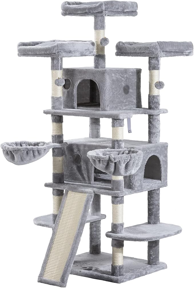 Allewie 68" Large Cat Tree — Multi-Level Climbing Tower with Condo, Sisal Posts & Plush Perches (Light Grey)