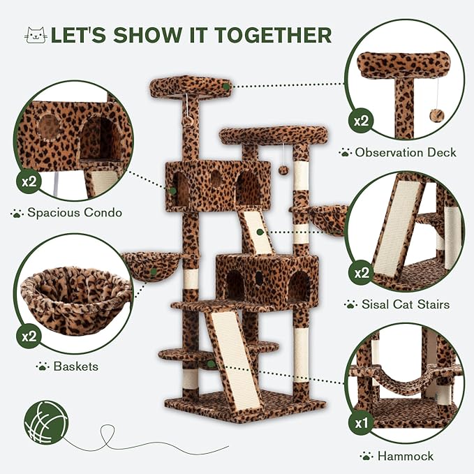 MUTICOR 66" Multi-Level Cat Tree — Plush Perches, Condo, Hammock & Sisal Posts for Large Indoor Cats (Leopard Print)