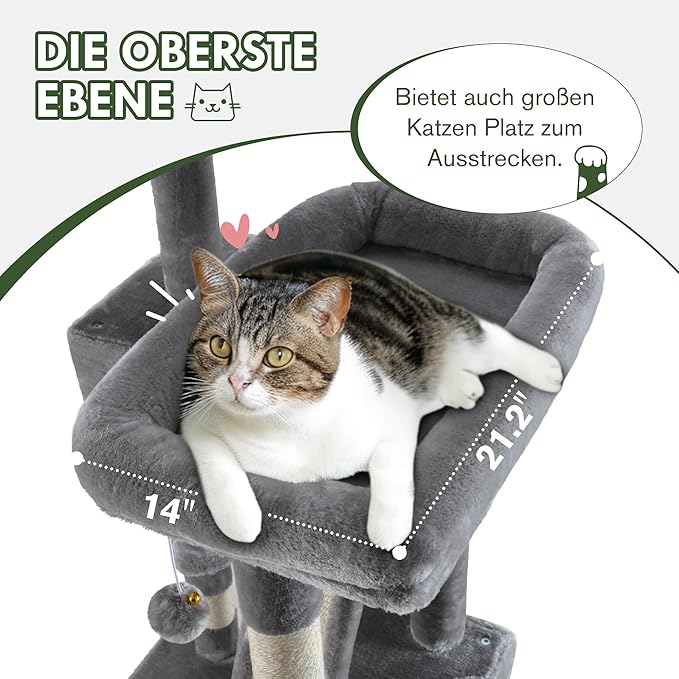 MUTICOR 66" Multi-Level Cat Tree — Plush Perches, Condo, Hammock & Sisal Posts for Large Indoor Cats (Grey)