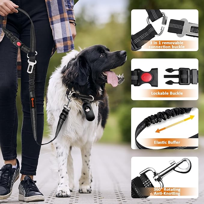 3-in-1 Dog Car Seat Belt Harness – Reflective Bungee Leash & Headrest Tether (2-Pack, Black)