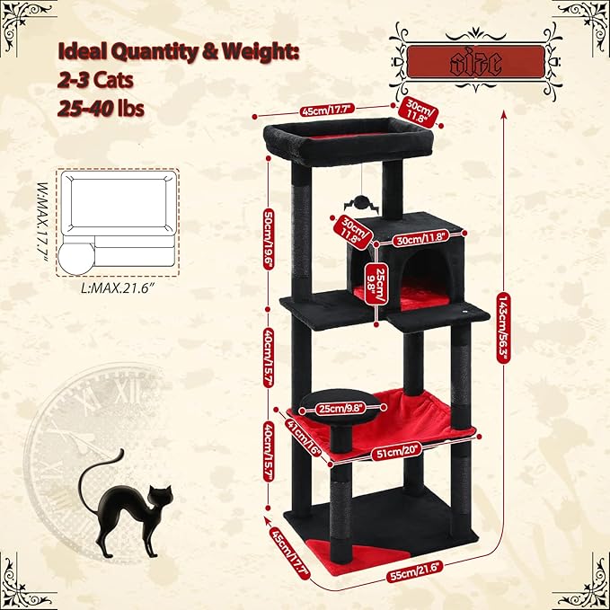 PETEPELA Gothic Black Cat Tree — 56" Tall Tower with Super Large Hammock, Condo & Sisal Posts (Halloween & Dark Decor)