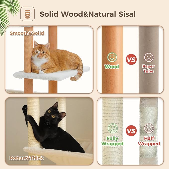 PAWZ Road 73" Large Cat Tree — Wooden Tower with Hammocks, Perches & Sisal Scratching Posts for Indoor Cats