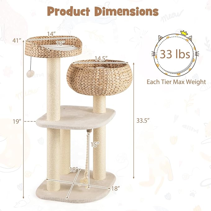 Tangkula Modern Cat Tree — Handmade Wicker Condo, Sisal Posts, Top Perch & Hanging Toy (41")