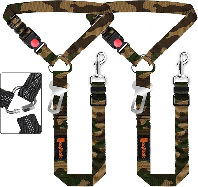 3-in-1 Dog Car Seat Belt Harness – Reflective Bungee Leash & Headrest Tether (2-Pack, Camouflage)
